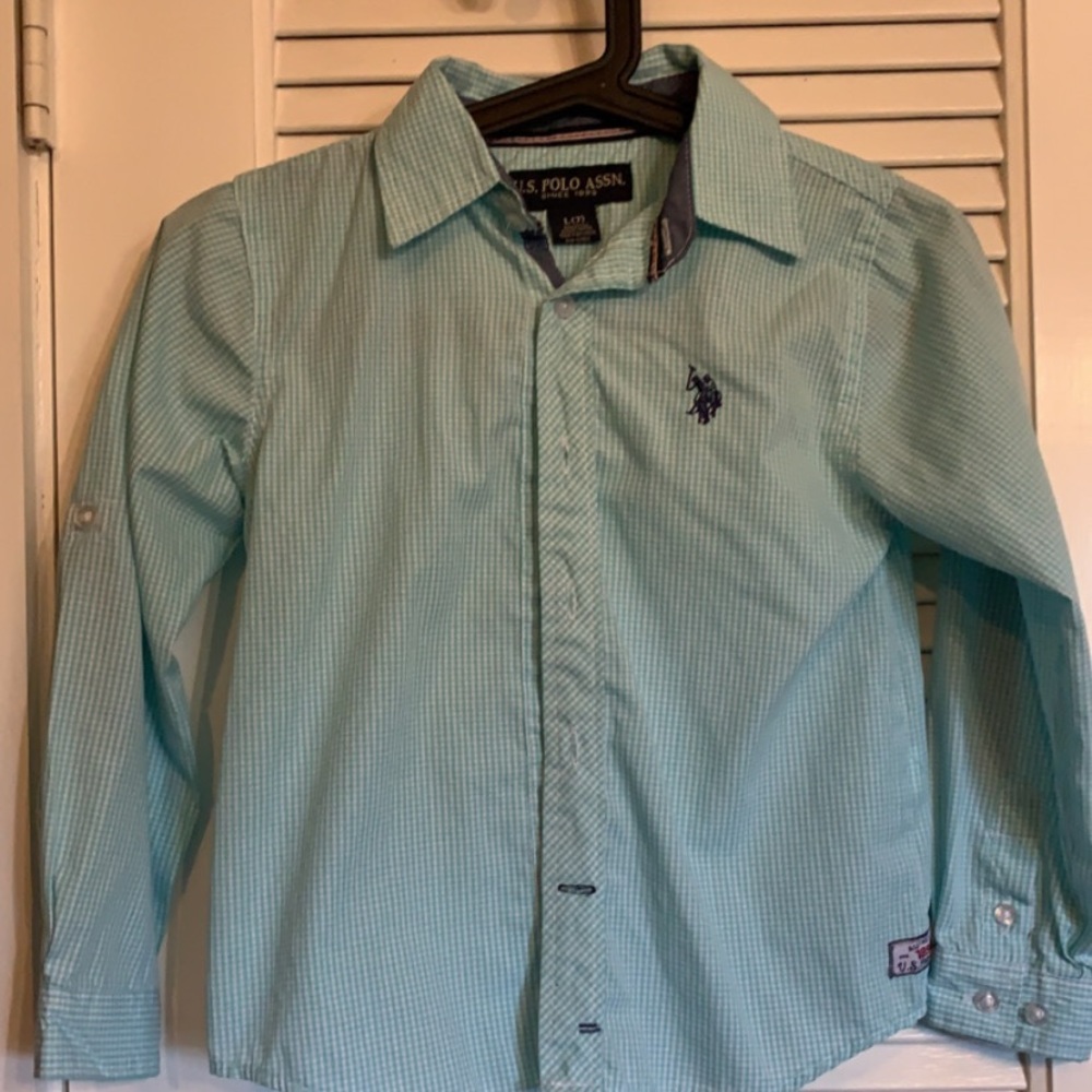 Teal gingham, dress shirt, polo brand size small